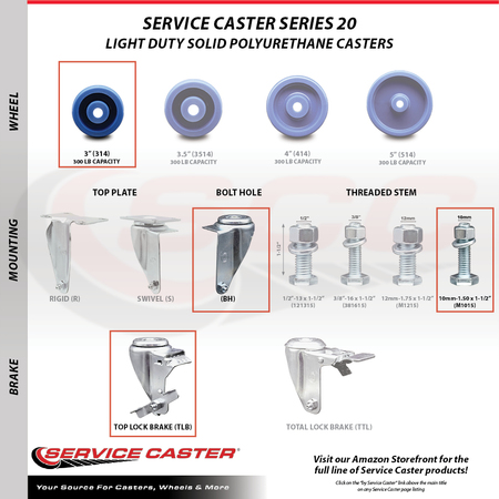 Service Caster 3 Inch SS Solid Polyurethane Swivel 10mm Threaded Stem Caster Set Brake SCC SCC-SSTS20S314-SPUS-TLB-M1015-4